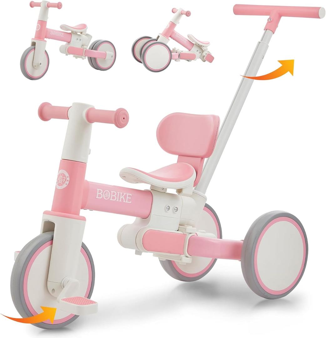 Bobike 5-in-1 Tricycle for Toddlers 18 Months to 5 Years Old, Toddler Bike, Kids Tricycle with Push Handle and Backrest, Toddler Balance Bike with Easy Assembly for Boys and Girls (Pink)