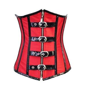 Red Buckled Steel Boned Underbust Leather Corset, Medium
