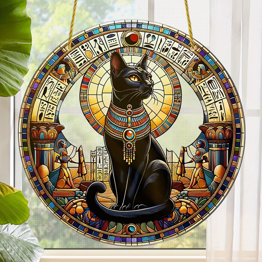 Buster The Cat Stained Glass Window Hangings with Chain  Acrylic Black Cat Ornament for Garden, Patio and Indoor Decor, Housewarming Gift for Mom, Grandma and Animal Love