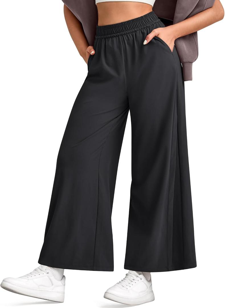 G4Free Lightweight Wide Leg Ankle Pants for Women High Waisted Yoga Trouser with Pockets Loose Fit Petite/Regualr/Tall (Black, M)