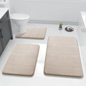 Yimobra 3 Pieces Memory Foam Bath Mat Set with U-Shaped Toilet Rug - Non Slip Super Soft Absorbent Quick Dry Bathroom Rugs for Bathtub, Vanity & Toilet Base, Beige