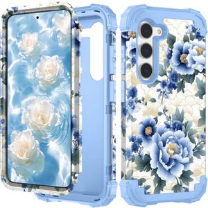 PIXIU Unique Flower Pattern Compatible with Samsung Galaxy S23 Plus case,Heavy Duty Dual Layer Shockproof Full-Body Protective Sturdy Hybrid Cute Rugged Case for Women,Girls,Kids-Blue Peony (A17)
