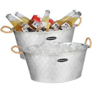 2 Pcs Beverage Bucket with Handles -IHOO Large Ice Buckets for Parties 3.5 Gallons (13.5 L) -Galvanized Drink Buckets for Indoor or Outdoor Bars 15.55" x 7.28"