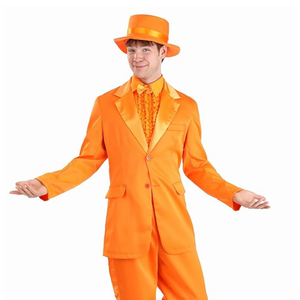 Orange Tuxedo Costume For Adults | Bright Comedy Movie Suit Includes Jacket, Pants, Ruffled Shirt Front, And Hat , Size XL
