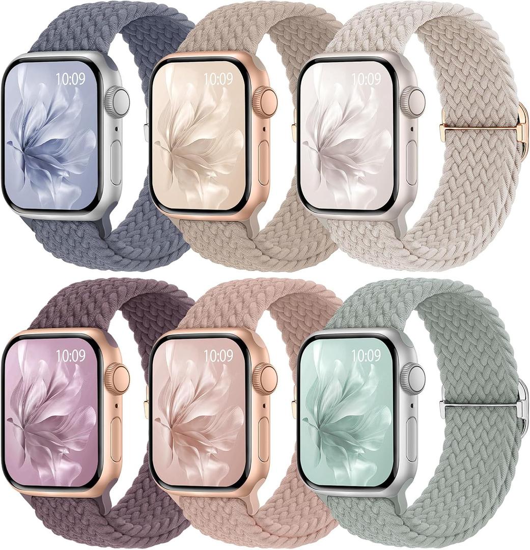 6 Pack Braided Stretchy Bands Compatible with Apple Watch Band 38mm 40mm 41mm 42mm 44mm 45mm 46mm 49mm Women Men, Adjustable Nylon Solo Loop Elastic Straps for iWatch Series 11 10 9 8 7 6 5 4 SE Ultra