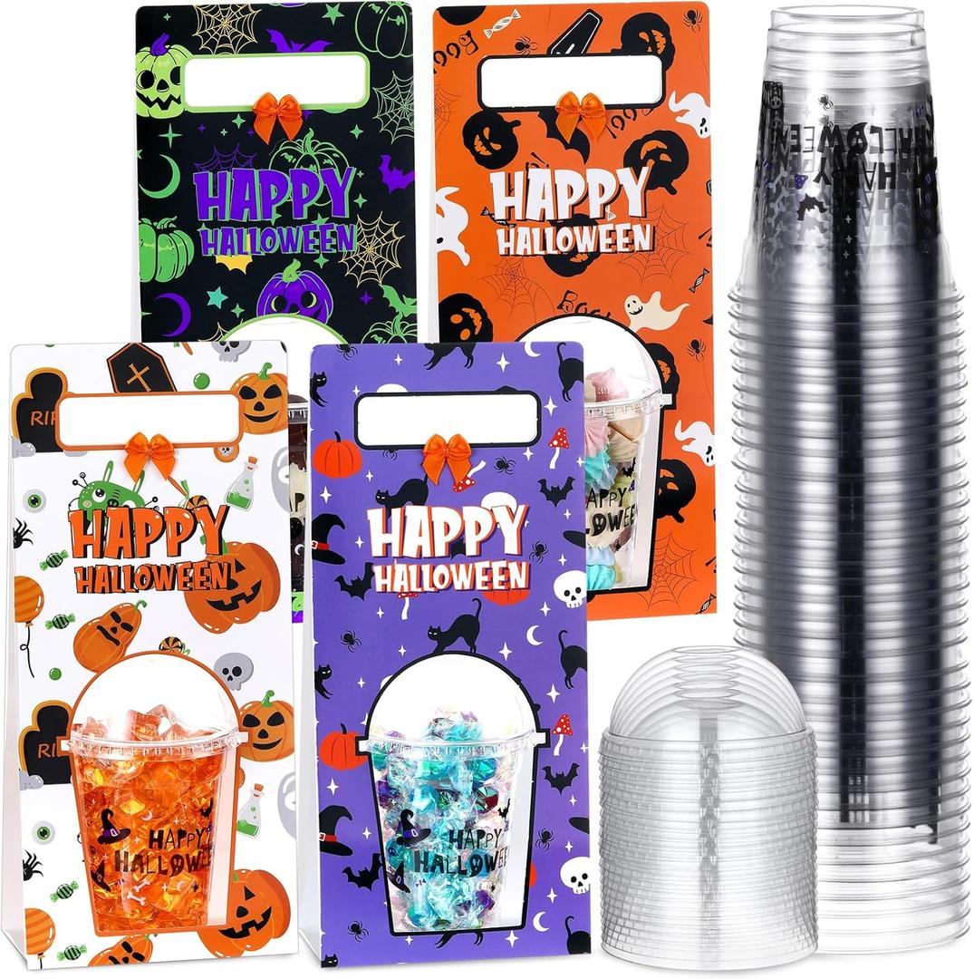 Sunnychicc 25 Pcs Halloween Disposable Cups with Lids 12oz Pumpkin Cup Cartoon Printed Party Tumbler for Treat Candy Halloween Party Favors Supplies Props