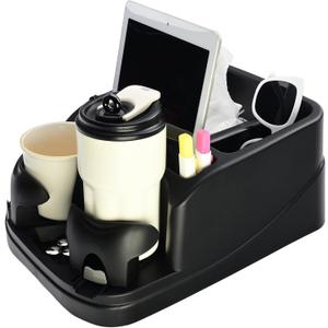 Car Console Organizer, Car Seat Organizer with 2 Adjustable Cup Holders, Center Console for Cars, Trucks, Minivans, SUVs, Vehicle Organizer, 3 Large Storage Compartment (Black)