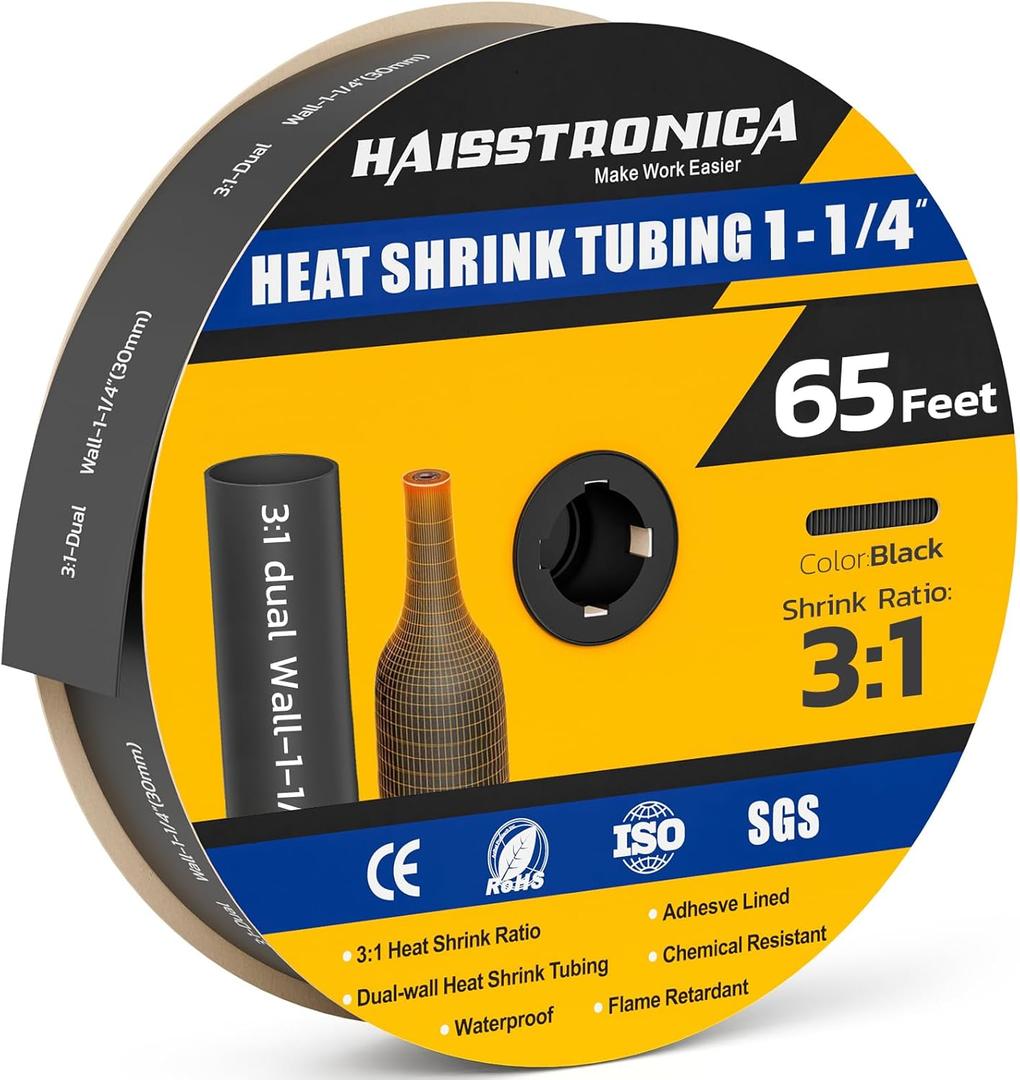 haisstronica 3:1 Heat Shrink Tubing, Shrink Ratio Adhesive Lined Marine Grade Heat Shrink Tube for Home, Automotive and Industrial (Black) 65FT 3/4inch