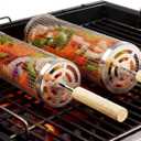 Rolling Grill Basket 2Pack, Premium 304 Stainless Steel, Removable Wooden Handles, Upgrade Rolling Grill Baskets for Outdoor Grill, BBQ Grill Accessories for Camping/Backyard Cooking, Ideal Gift for Dad/Husband