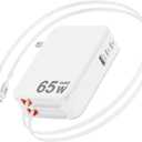 65W Retractable Wall Charger,5 in 1 Retractable Phone Charger Wall Plug with 3 USB Ports, 3.9FT PD USB C Chargers Block Fast Charging for iPhone 17 16 15,MacBook Pro/Air,Galaxy 24 23,Pixel,Travel