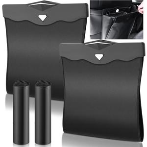 Fuutreo 2 Pcs Smart LED Car Trash Cans Waterproof Garbage Bags with 30pcs Disposable Trash Bags Hanging Leather Magnet Car Storage Pocket Vehicle Rubbish Bin Garbage Cans(11.8 x 11.4'',Black)