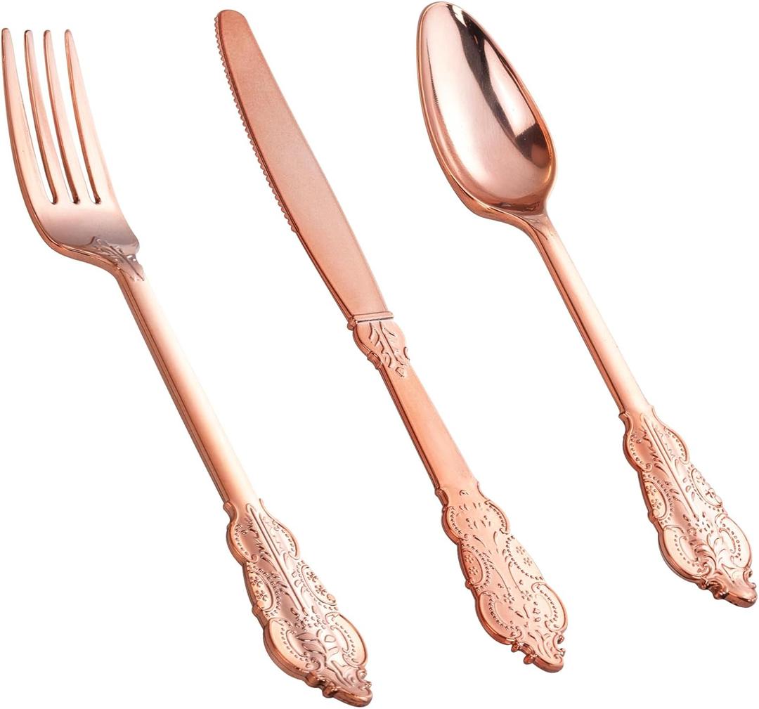 bUCLA 600PCS Rose Gold Plastic Silverware Disposable - Baroque Rose Gold Silverware Set - Heavy Duty Cutlery Set Include 200 Knives, 200 Forks, 200 Spoons for Wedding, Party & Mothers Day