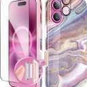 GVIEWIN for iPhone 16 Case Compatible with MagSafe, with Screen & Lens Protectors, Military-Grade Protection Slim Marble Shockproof Magnetic Phone Case for 16 6.1", Flowing Sakura/Pink