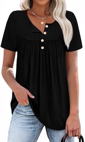 WIHOLL Womens Summer Tunic Tops Button Down Shirts Short Sleeve T-shirts Beach Vacation Clothes Spring 2XL