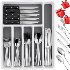49 Piece Silverware Set with Organizer - Utensil Sets Stainless Steel Cutlery Set for 8, Mirror Finished Flatware Spoons and Forks with Steak Knives, Dishwasher Safe, Rust-proof