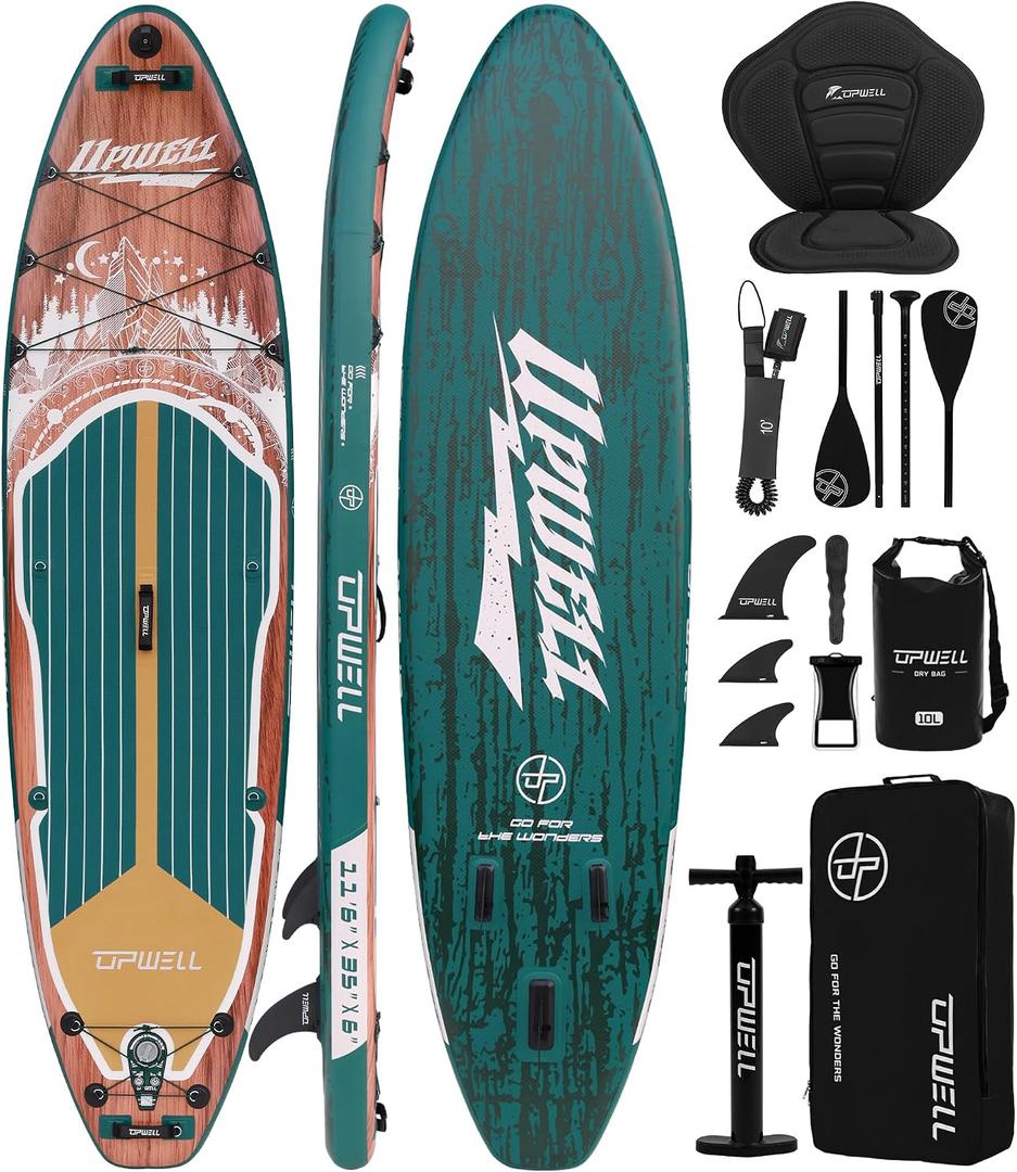 UPWELL 11'6"×35" Extra Wide Inflatable Paddle Board, Stand Up Paddle Board with Kayak Seat, Sup Paddle Boards for Adults, Sequoia Green