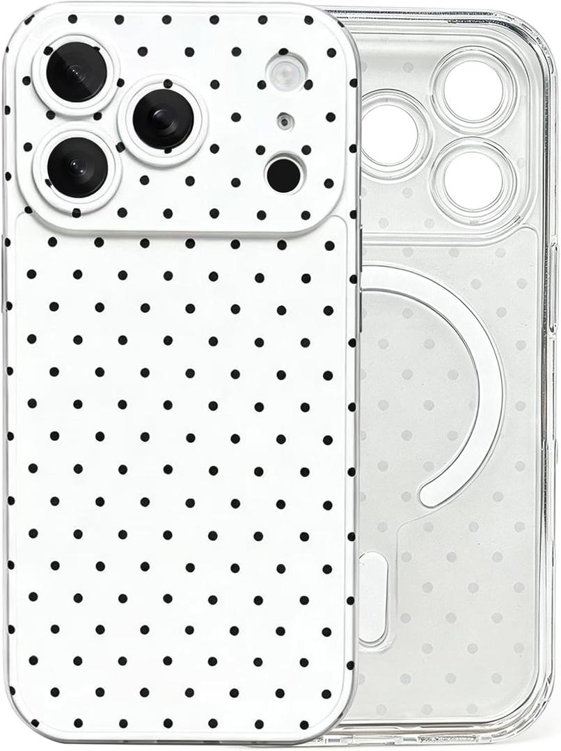 Cute Polka Dot Magnetic Phone Case for iPhone 17 Pro MaxFull-Coverage Lens Protection Shockproof Protective Clear Phone Cover for Women&Girls,Black-White Dot