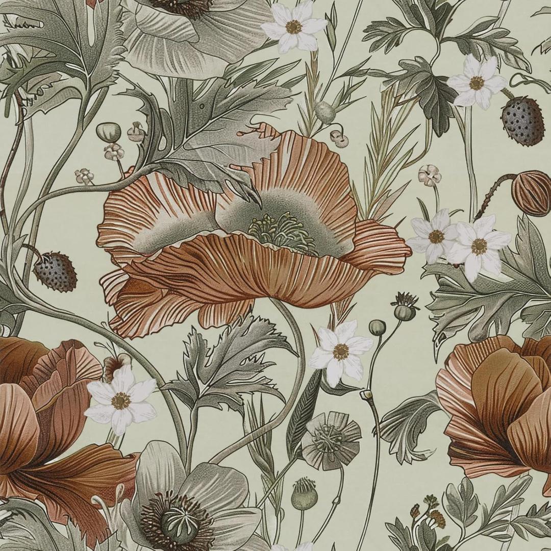 LXCREAT Vintage Peel and Stick Floral Wallpaper Boho, Orange Flowers Green Leaves Contact Paper 17.5"393.7", Vinyl Removable Self Adhesive Wallpaper for Bedroom Renter Friendly Home Decor