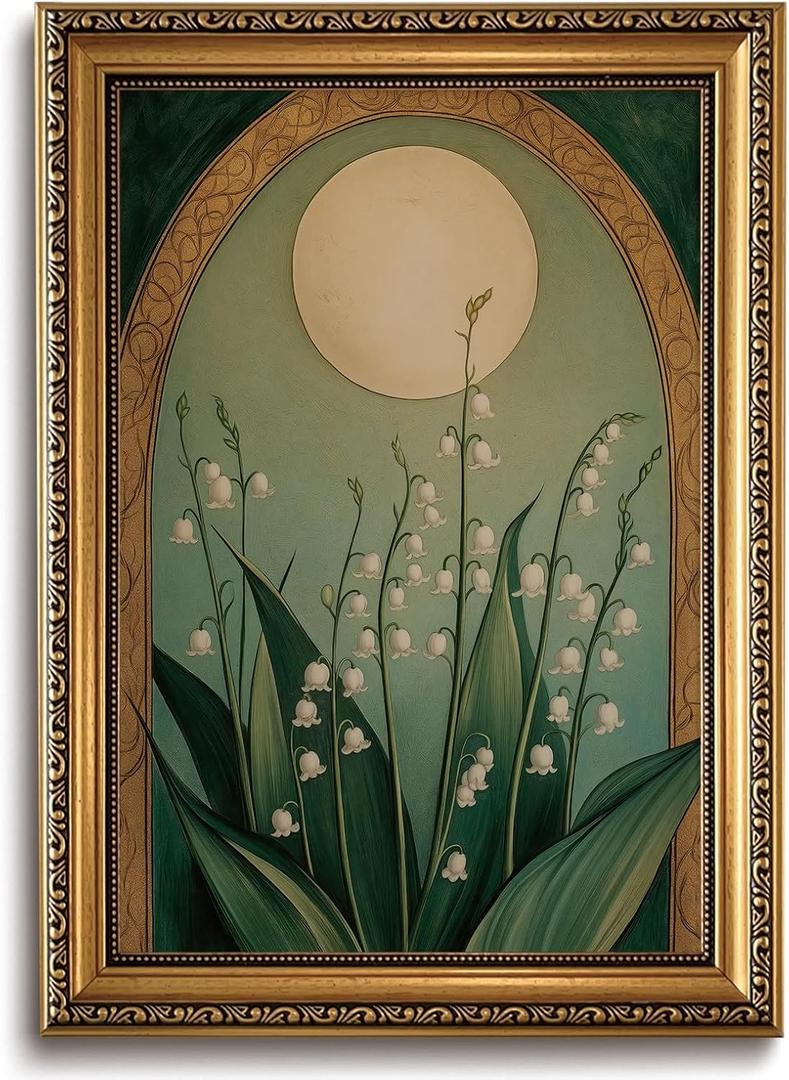 Lily of the Valley Wall Art Moody Picrure Wall Decor Dark Floral Canvas Art | Gold Framed Green Botanical Wall Art Bedroom Bathroom Cottage Core Decor Artwork