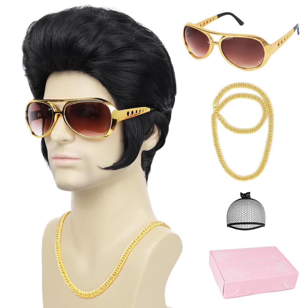 50s Disco Rock Wig with Glasses and Necklace Black Singer Rocker Costume Wigs for Men 50s 60s Funny Wig for Halloween Costume Cosplay Party Use (4pcs Set)