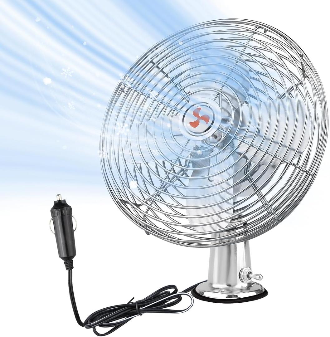 12V Fan RV|Truck Cooling Heavy Duty 8" Metal Car Fan Bus|Boat|Forklift|Car|Camper|Lawn|Mower|Tractor 2-Speed Silver