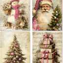 WDSFHYJK Pink Vintage Christmas Wall Art Decor Set of 4, Vintage Christmas Decor, Retro Christmas Tree Snowman Santa Poster Prints Pictures for Home Living Room Bedroom Decor, 8x10 Unframed