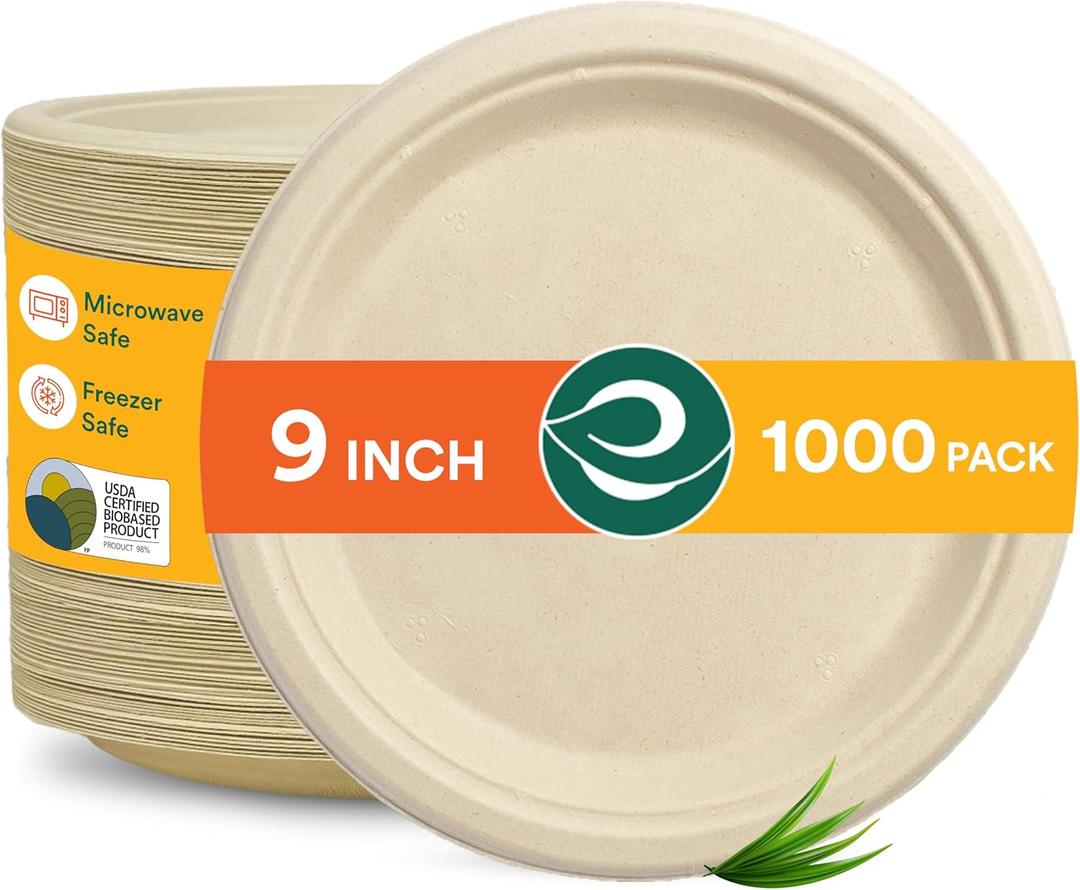 ECO SOUL 100% Compostable 9 Inch Paper Plates 1000 [8x125 Pc] Disposable Heavy Duty Eco-Friendly Sturdy Dinner, Wedding, Event Plates I Biodegradable Unbleached Sugarcane Eco Plates (1000)