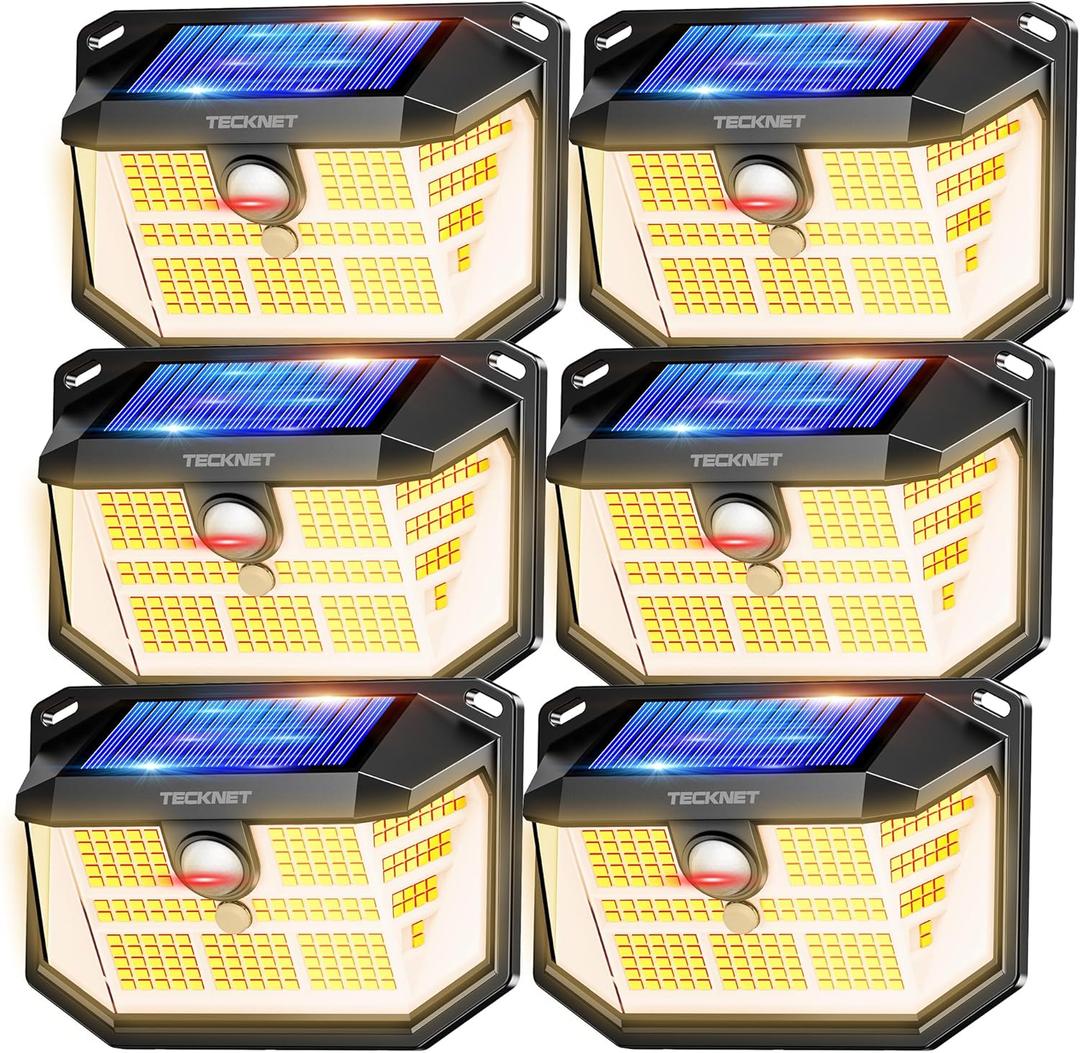 TECKNET 231 LED Motion Sensor Outdoor Lights, 6 Pack, 300 Solar Security Wall Lights, 3 Lighting Modes, IP65 Waterproof, PIR Motion Sensor for Outside, Fence, Garden, Yard, Deck, Garage - Warm White