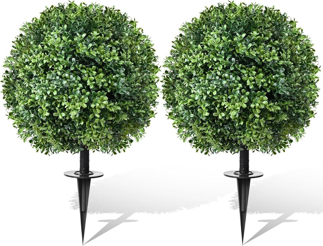 24" Artificial Topiary Boxwood Ball Tree with Ground Spike, Set of 2, UV Resistant Outside Fake Bushes Plants, Faux Cedar Balls Faux Shrubs Plastic Plants for Outdoor Indoor Front Porch Garden Decor