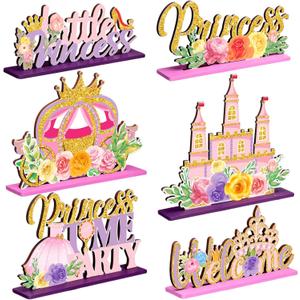 6 Pcs Princess Party Wooden Centerpieces Princess Theme Birthday Table Decorations Supplies Pink Gold Ornament Castle Crown Carriage Baby Shower Floral Table Toppers Home Decor for Girls