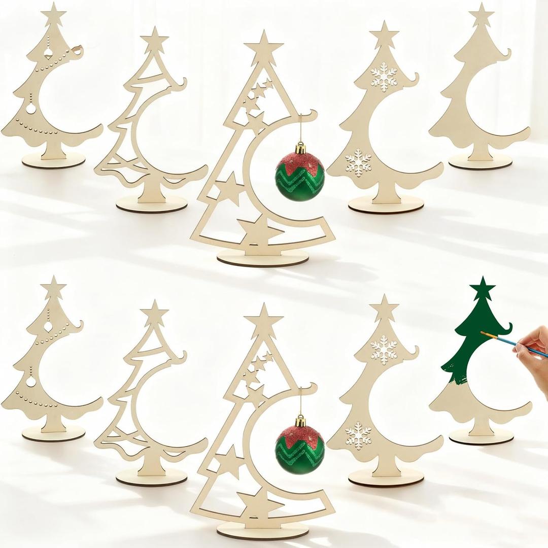 10 Pcs 10.7Inch Christmas Ornament Display Tree 5 Styles Wooden Stand for Baubles Christmas Tree Shaped Display Stand Holder Tabletop Decor for DIY Coloring Ornament Holder Holiday Party