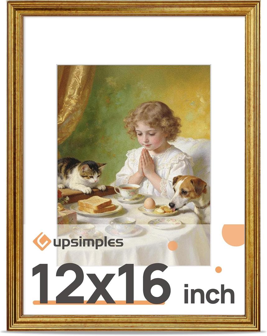 upsimples Vintage 12x16 Frame, Antique Gold Frame Displays 8.5 by 11 with Mat or 12 x 16 Without for Vertical or Horizontal Wall Decor, 1pack