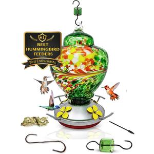 Nature Gear Hummingbird Feeder, Hanging-Mount Glass Hummingbird Feeders for Outdoors, Hand-Blown Glass Feeder with Ant Moat for Garden Hummingbirds, Easy to Clean & Rust Resistant, Emerald Green