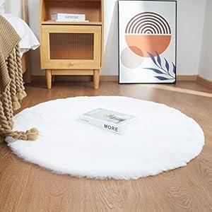 Ghouse Faux Rabbit Fur Round Rug 3ft White Round Rugs for Bedroom Decor Fluffy Area Rugs for Living Room, no-Shedding Carpet Sheepskin Washable Rug Rome Decor