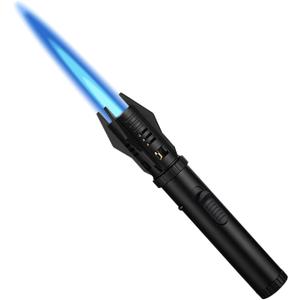 Torch Lighter, Camping Outdoor Windproof Straight Flame Lighter, Refillable Butane Lighter with Safety Lock and Adjustable Flame Size, for Outdoor BBQ Camping Kitchen Cooking (Black)