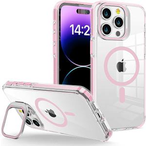 iPhone 15 Pro Case [Compatible With MagSafe], Magnetic Kickstand for Women Girls, 6.1", Clear Pink