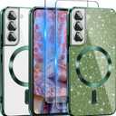 ATUMP for Galaxy S22 Case Compatible with MagSafe, [Glitter Card & 2PCS HD Screen Protectors] Cute Bling Sparkly [Never Yellowing], Slim Shockproof Anti-Scratch Soft Clear Case for Women, Green (Galaxy S22 6.1 inch)