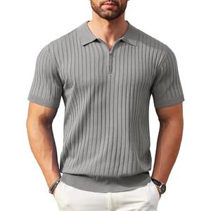 COOFANDY Men's Zipper Polo Shirts Short Sleeve Ribbed Knit Polo T Shirts Fashion Casual Golf Shirts, Size 2XL
