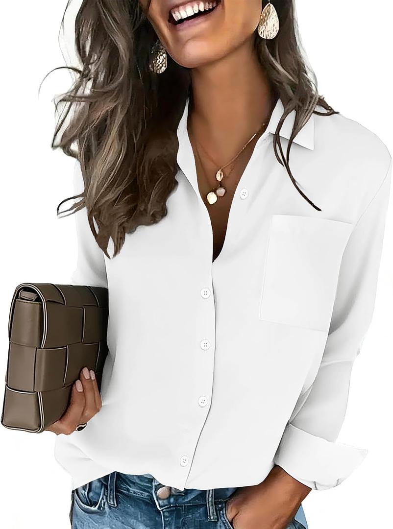 HOTOUCH Button Down Shirts for Women Long Sleeve Blouse Dressy Casual Business Work Tops with Pocket (White)
