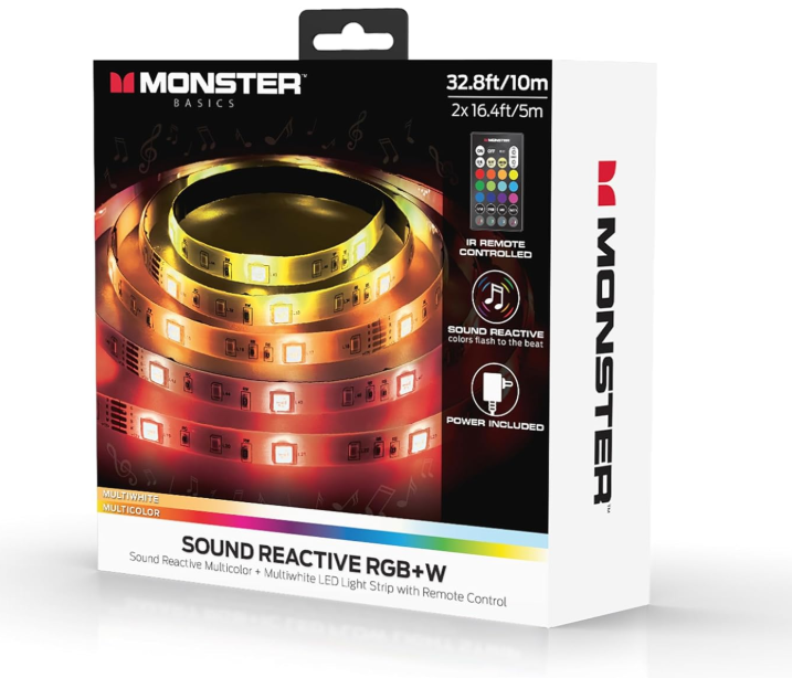Monster 32.8ft Music Reactive LED Strip with 120 LEDs, 12V Power Adapter, with Remote, Xtreme Easy Use