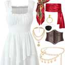 Pirate Costume Women Dress Corset Head Scarf Sash Chain Belt Necklace Eye Patch Party Outfit Pirate Accessories, S