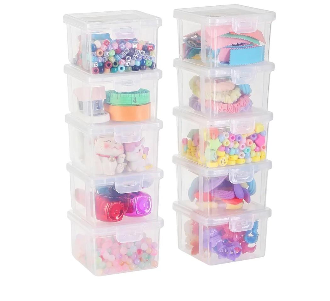 10-Pack Small Plastic Containers with Lids, Clear Stackable Storage Boxes & Bins Organizer for Bead Organizer, Craft Storage, Stickers, Jewelry & Small Items – Square Small