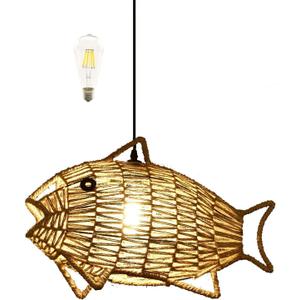 Woven Pendant Light Boho Chandelier Fish-Shaped Rustic Farmhouse Chandelier Hemp Rope Light Rattan Light Fixture for Dining Room Living Room Bedroom Kitchen Foyer(Bulb Included)