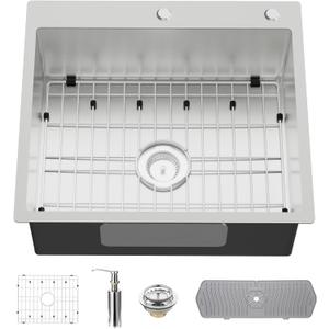 Stainless Steel Drop In Kitchen And Bar Sink - 25x22 Inch Single Bowl Topmount Bar Sink Come With SS Grid,Silicon Mat,Drain Strainer Set