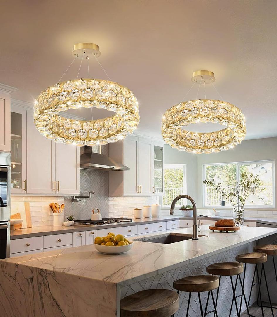Crystal Chandeliers Modern Rings Pendant Light LED Dimmable Ceiling Light for Bedroom Dinning Room Kitchen Gold
