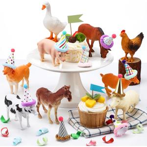 Colingmill 18 Pcs Farm Animal Birthday Party Decorations Mini Birthday Hat Animal Figure Model Cake Toppers with Mini Hat for Birthday Party, Animals Themed Party
