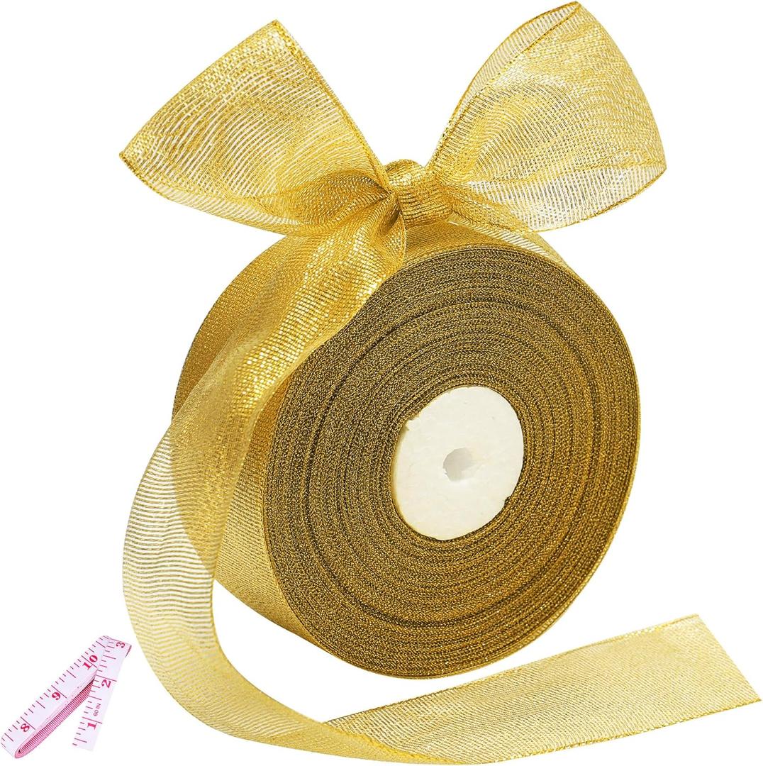 50 Yards Gold Glitter Ribbon 2 Inch, Sparkly Width Solid Fabric Ribbon for Gift Wrapping, Crafts, Holiday Wedding Birthday Party Decoration Flower Bouquet, 2 Inch Metallic Gold Ribbon Roll