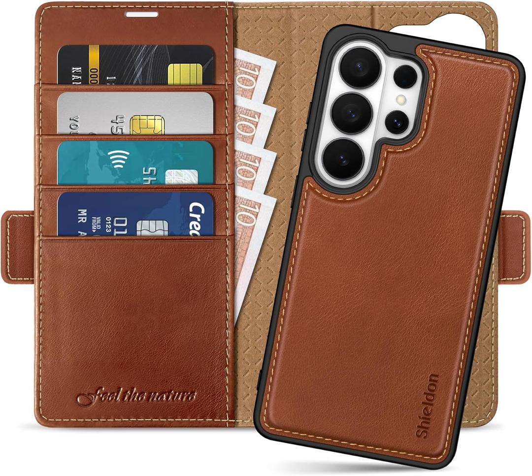 SHIELDON 2-in-1 Case Wallet for Galaxy S26 Ultra 6.9" 2026, Genuine Leather, Detachable, Magnetic, RFID Blocking Credit Card Slot, Kickstand, Shockproof, Not Support Wireless Charging - Retro Brown