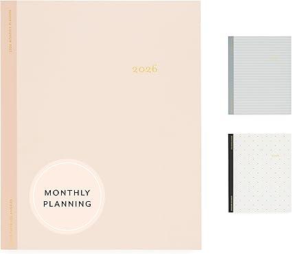 Sugar Paper 2026 Monthly Planner, January to December, 8" x 10", Calendar for Women, Flexible Matte Paper Cover, Fabric Tape Stitch Binding, 12 Month, Two Tone Pink