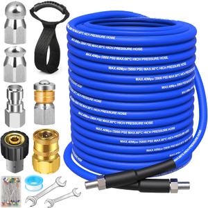 100FT Sewer Jetter Kit for Pressure Washer, 5800 PSI Drain Jetter Kit, Water Jet Drain Cleaner 1/4 Inch NPT Corner, Jetter Hose with Rotating Button Sewer Jetting Nozzle, Tape Pearl Corsage Pin Strap (Blue)